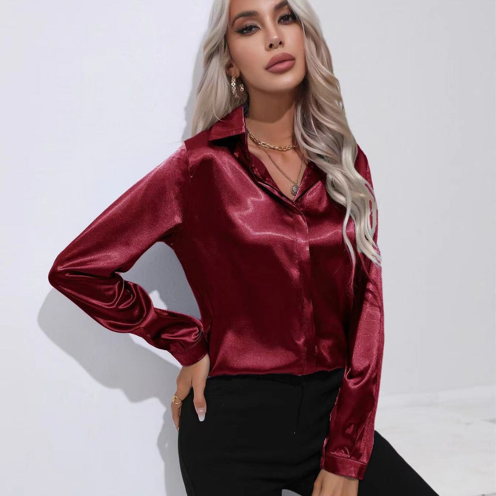Women's Satin One Button Long Sleeve Shirt
