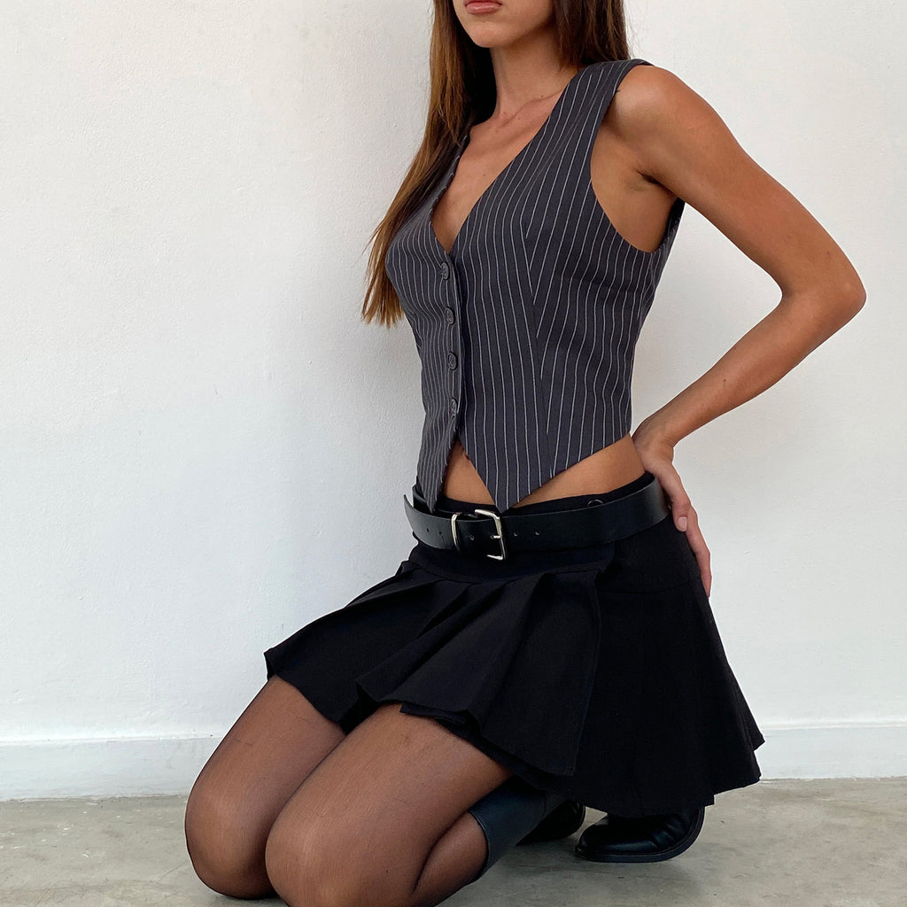 Women Clothing Vest Striped Cropped Short Breasted Button