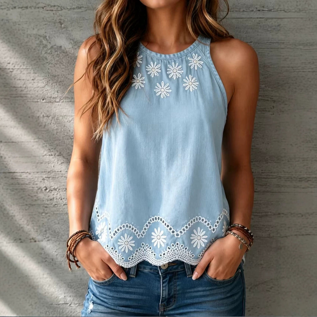 Pattern Summer Sleeveless round Neck Printed Imitation Denim