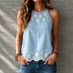 Pattern Summer Sleeveless round Neck Printed Imitation Denim