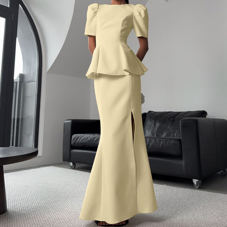 Women's Short-Sleeve Top And Side-Slit Skirt Set