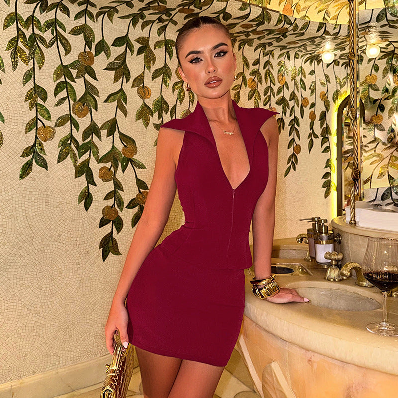 Women Clothing Summer Solid Color Polo Collar SL Zipper Top