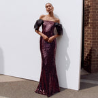 Women's Coffee Color Colorful Sequin Long Evening Dress Off-Shoulder Black Bow Cocktail