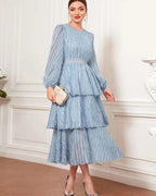 Lace Ruffle Crew-Neck Lantern-Sleeve A-Line Maxi Dress