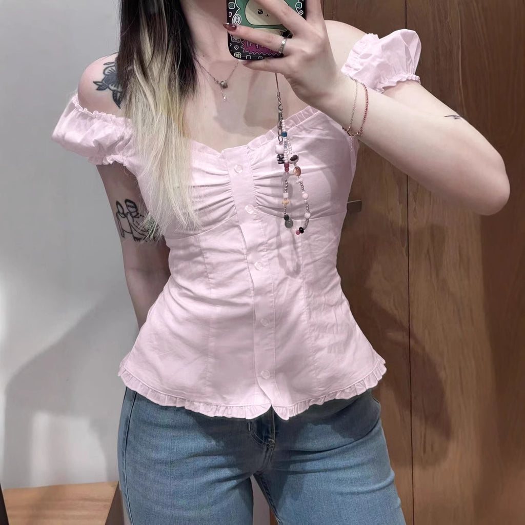Women's Puff Sleeve Shirt Bm Breasted Cinched Bodycon Short Sleeve