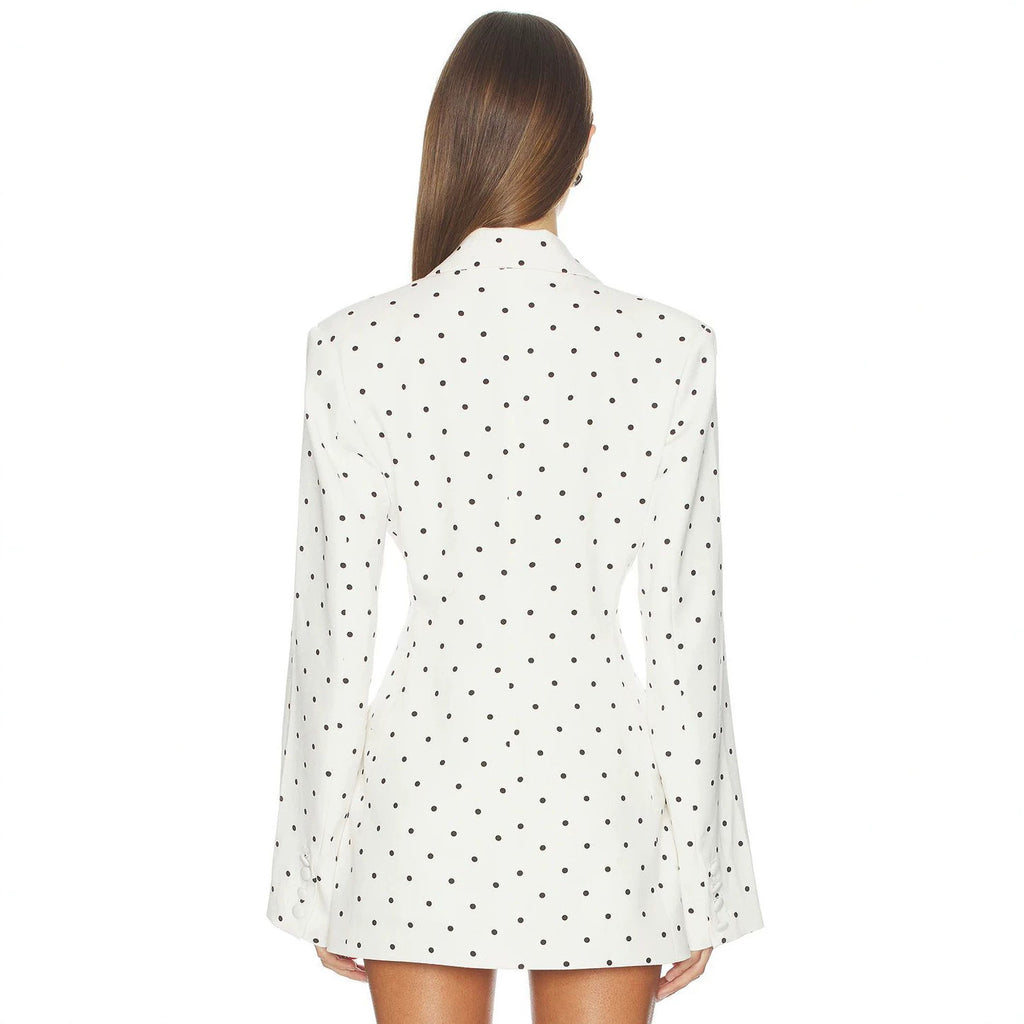 Women Clothing Coat Suit Elegant White Polka Dot Collared Waist Tight Slimming Suit