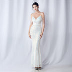 Women's Floral Cutting Beaded Wedding Event Sequin Strappy Night Dress