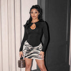 Women's Spring Casual Pleated Zebra Print Long Sleeve Stitching Tight