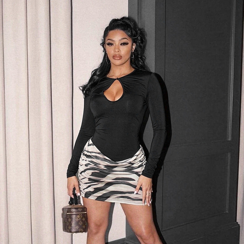 Women's Spring Casual Pleated Zebra Print Long Sleeve Stitching Tight