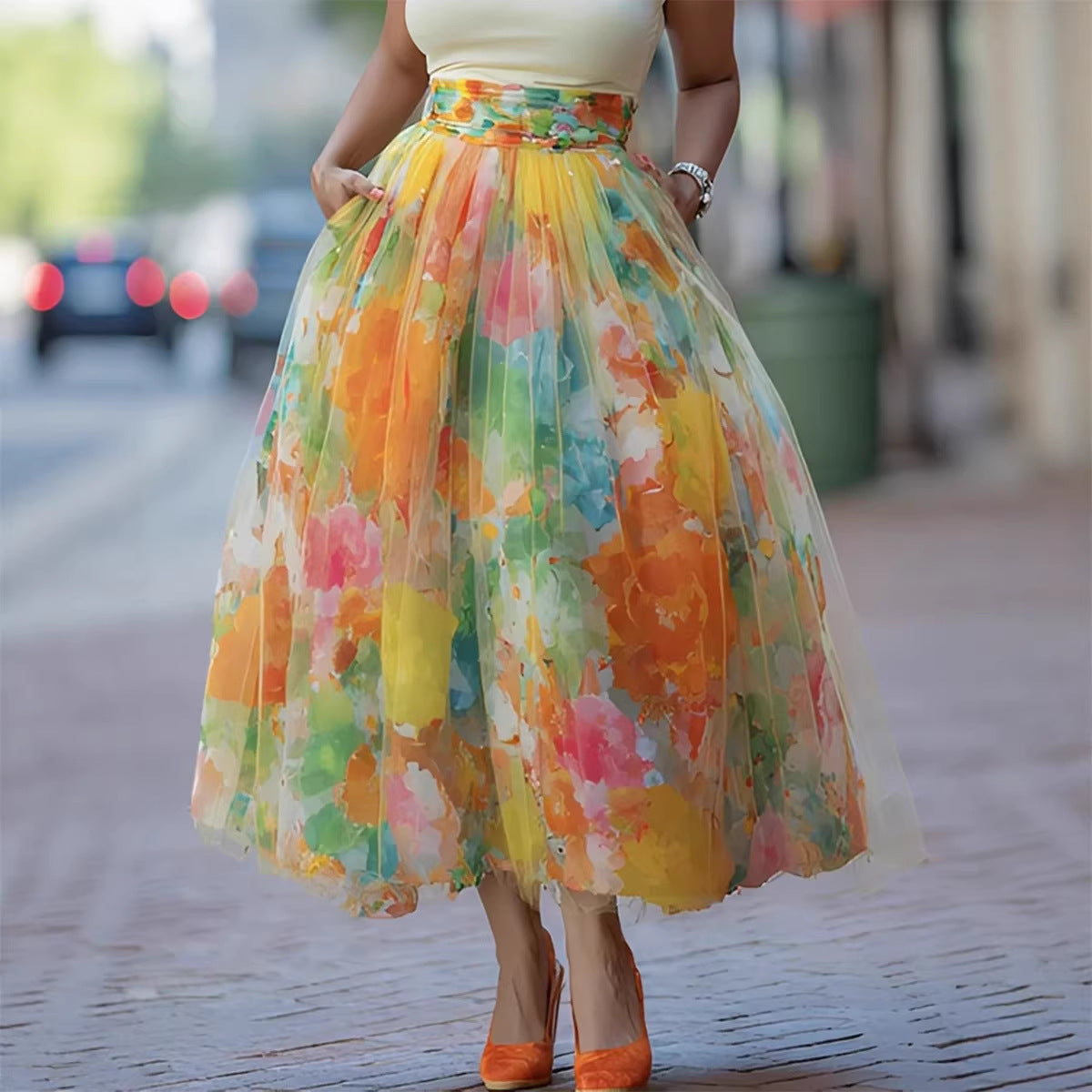 Women's Multicolor Printed Midi Skirt
