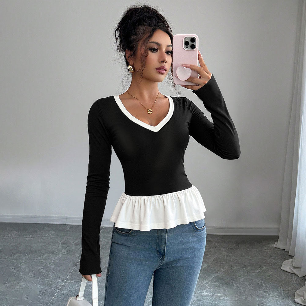 Women's Faux Two-Piece Lace Long-Sleeve Top