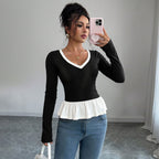 Women's Faux Two-Piece Lace Long-Sleeve Top