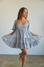 Women's Clothing Plaid Tight Waist Large Swing Square Collar Short Sleeve Plaid High Waist Dress