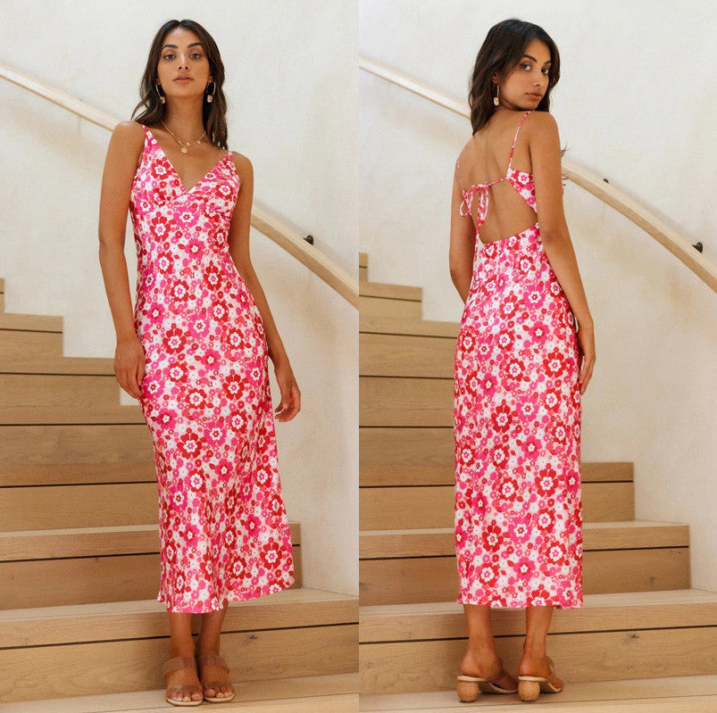 Women's Summer Sexy Backless Spaghetti Straps V-Neck Sleeveless Printed Slim Dress