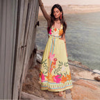 Women's Spaghetti-Strap Floral Ruched Cutout Backless A-Line Maxi Dress