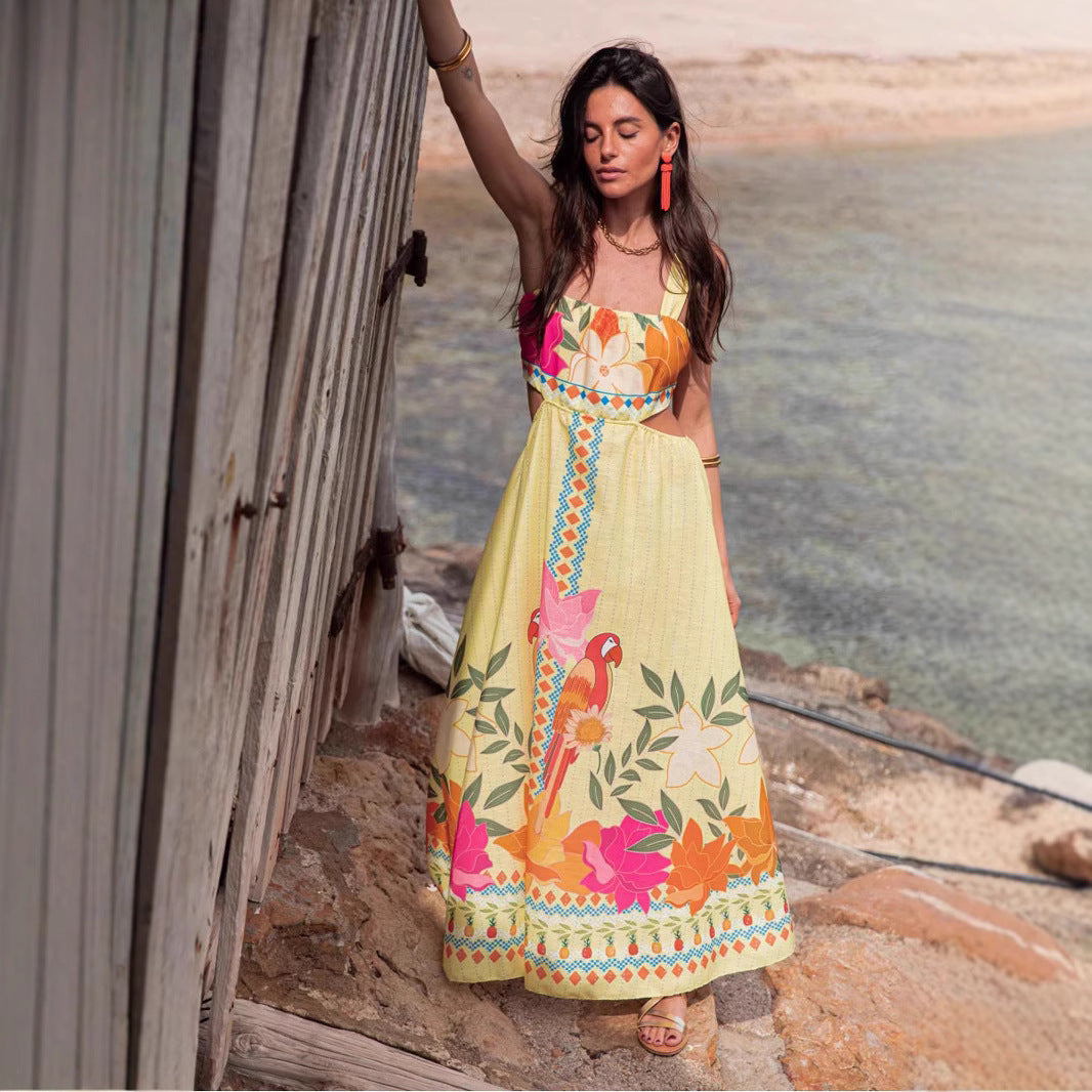 Women's Spaghetti-Strap Floral Ruched Cutout Backless A-Line Maxi Dress