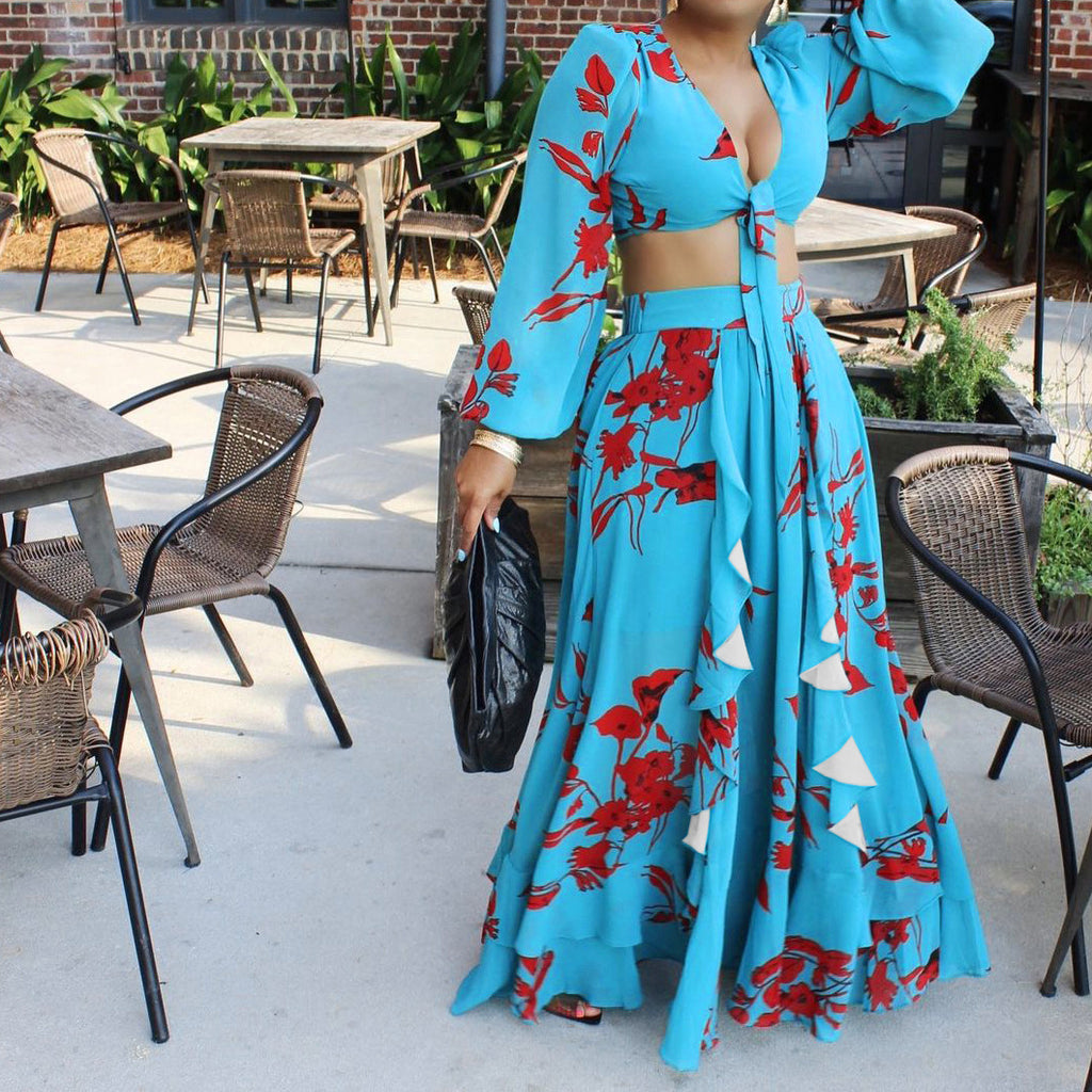 Women's Summer Printed Lace Up Top Skirt Two-Piece Set Outer Code Set