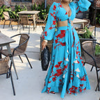 Women's Summer Printed Lace Up Top Skirt Two-Piece Set Outer Code Set