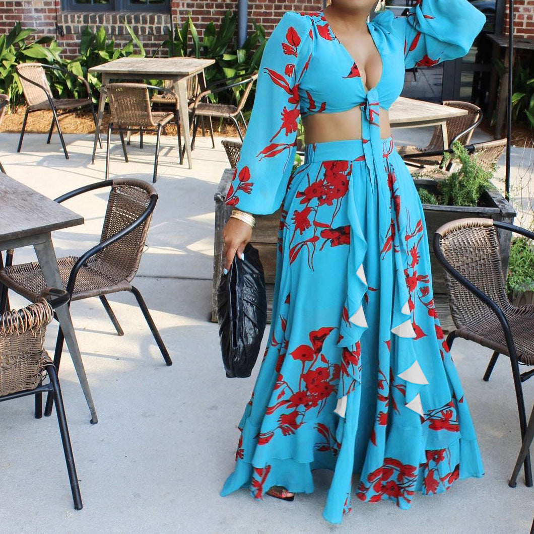 Women's Summer Printed Lace Up Top Skirt Two-Piece Set Outer Code Set