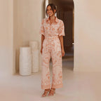 Casual Linen Short Sleeve Belt Slimming Set