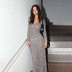 Polka-Dot Square-Neck Long-Sleeve Bodycon Maxi Dress