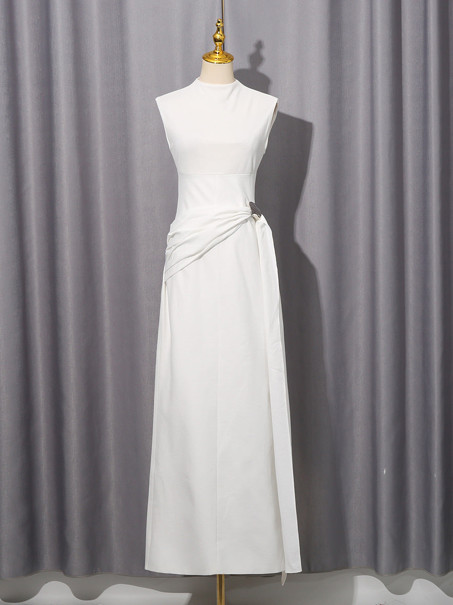 Ivory high-neck sleeveless midi dress on mannequin with side waist tie