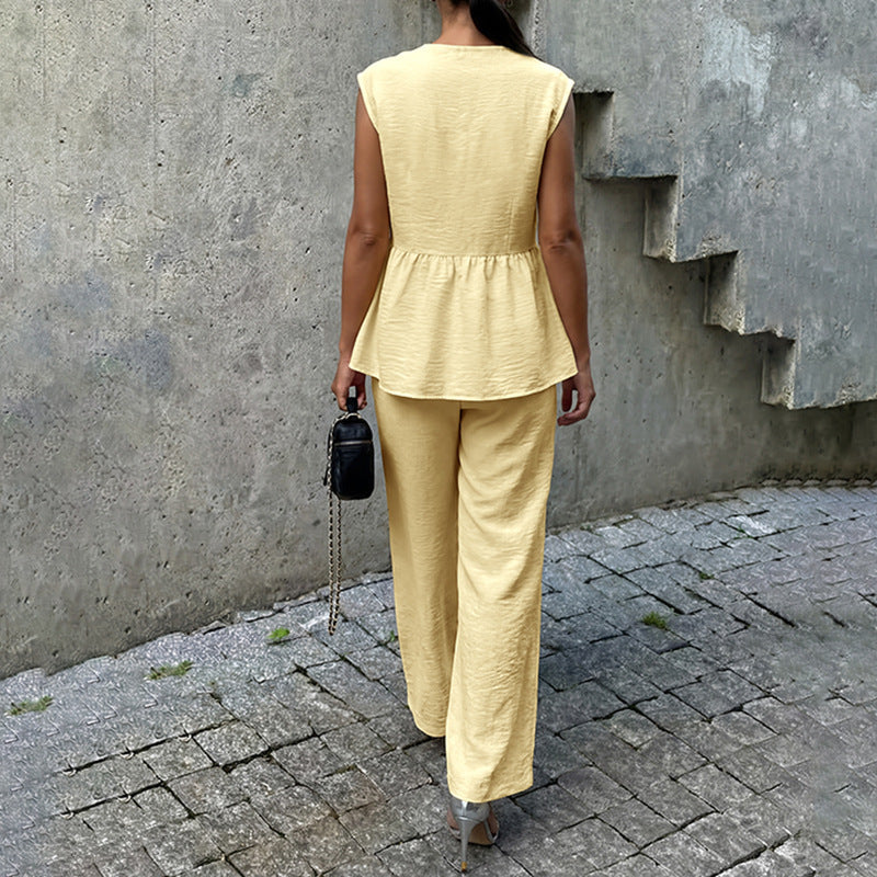 Sweet Office Linen like V neck Sleeveless Vest Trousers Set