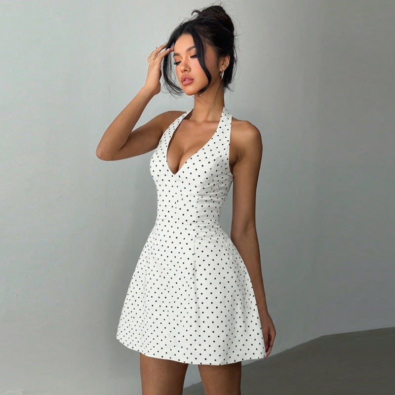 Summer V-Neck Polka Dot Printed Halter Strap Backless Dress