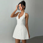Summer V-Neck Polka Dot Printed Halter Strap Backless Dress