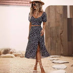 Women's Summer Wear V Neck Short Sleeve Split Skirt Set