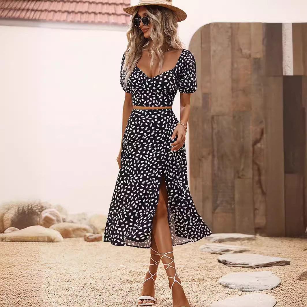 Women's Summer Wear V Neck Short Sleeve Split Skirt Set