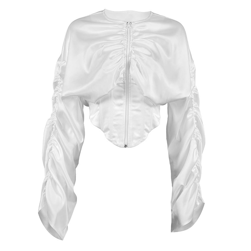 Women's Fitted Waist Pleated Round Neck Long Sleeve Shirt Cardigan