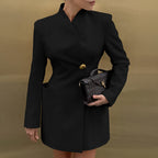 Black High-Collar Button Long-Sleeve A-Line Mini Dress
