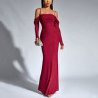 Women's Spaghetti-Strap Sequin Ruched Long-Sleeve Fishtail Maxi Dress
