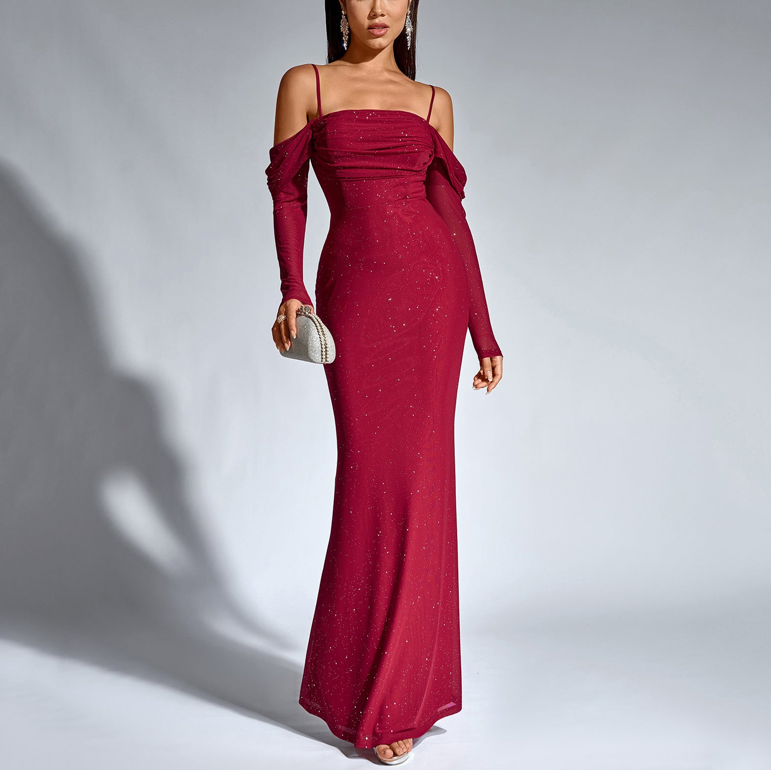Women's Spaghetti-Strap Sequin Ruched Long-Sleeve Fishtail Maxi Dress