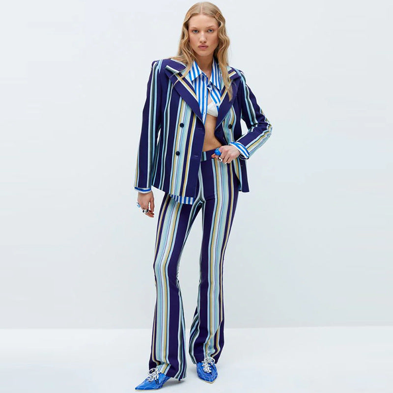 Women's Striped Blazer Flared Pants Two Piece Sets