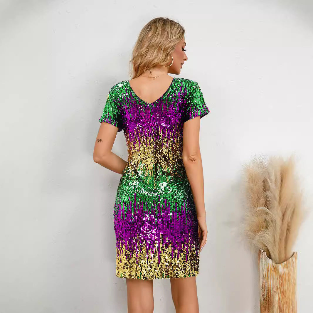 Gradient Color Sequin V Neck Backless Party Evening Dress