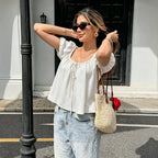 Puff Sleeve Short Sleeve T shirt Women U Collar Drawstring