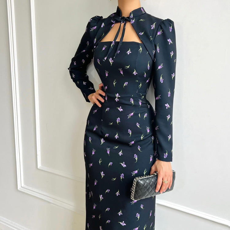 Floral Tie-Neck Slit Bodycon Maxi Dress