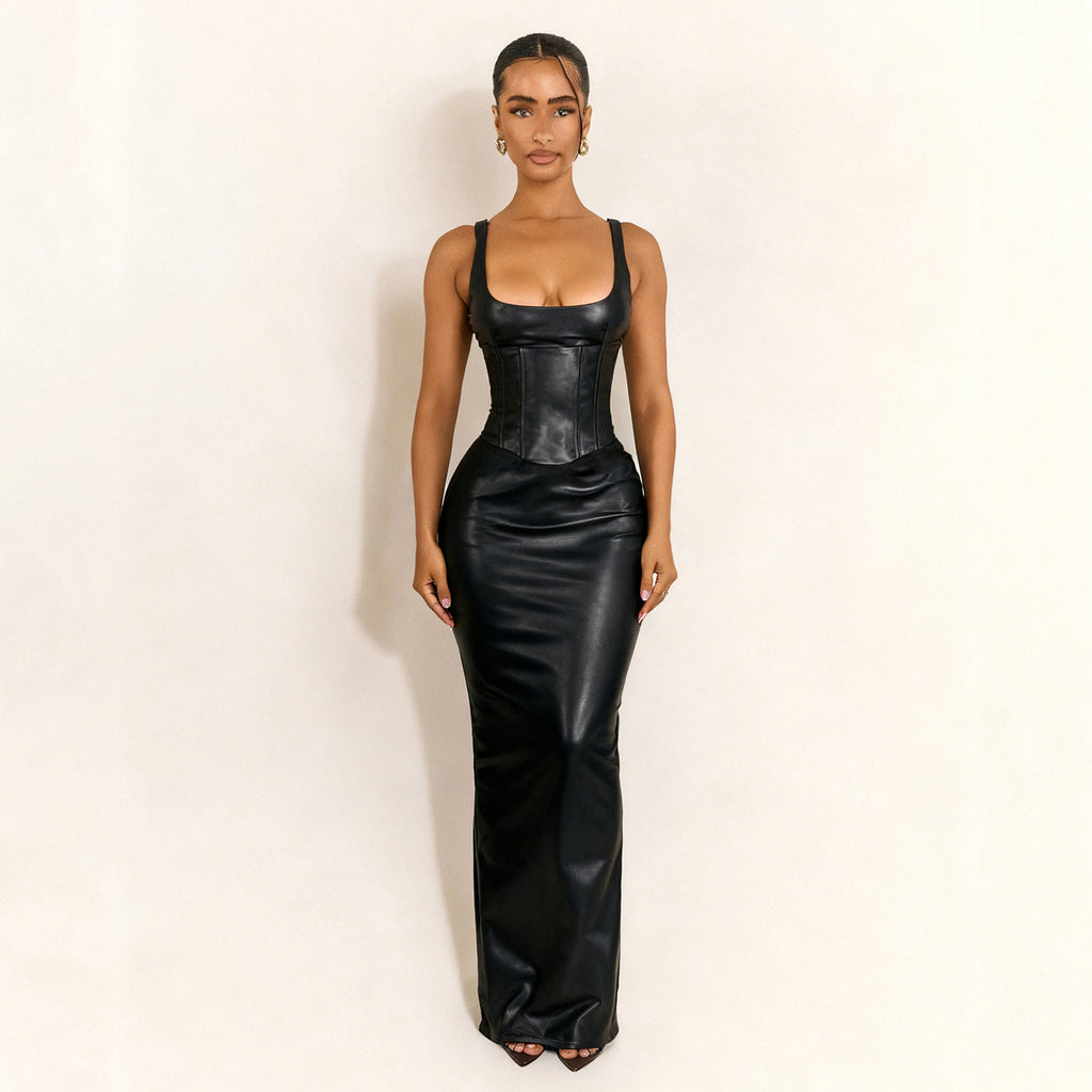 Square-Neck Drawstring Leather Split Dress