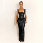 Square-Neck Drawstring Leather Split Dress