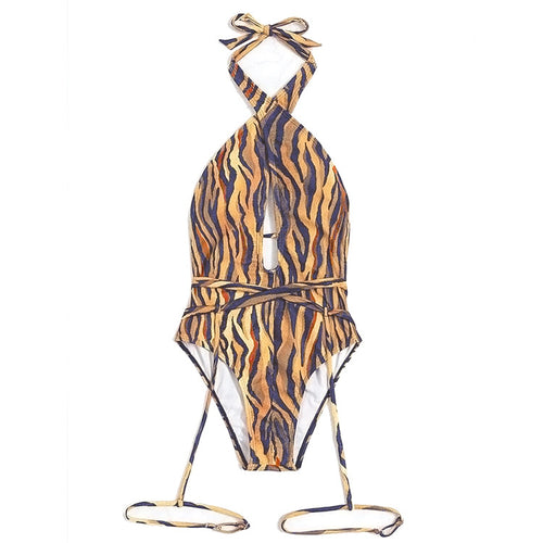 Halter bandage bikini set, zebra print, bow-tie back and side tie high-cut bottoms
