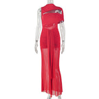 Red off-shoulder maxi dress with ruched bodice and layered sheer long skirt