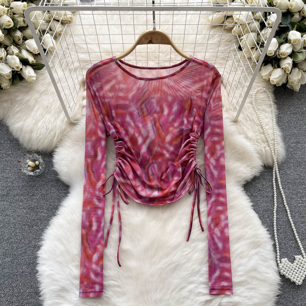 Women's French Retro Minority Design Tie Dyed Drawstring Crew Neck T Shirt Top Fall Women Clothing Long Sleeve Slim Bottoming Shirt