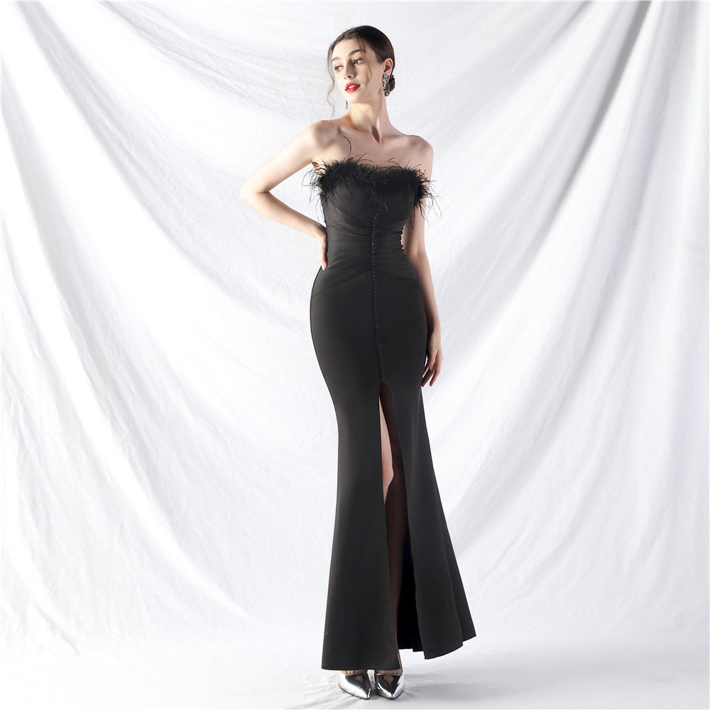 Women's Art Bag Buckle Hand Ordered Ostrich Feather Satin Long Evening Dress