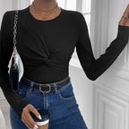 Women's Black Ruched Long Sleeve Slim Jumpsuit