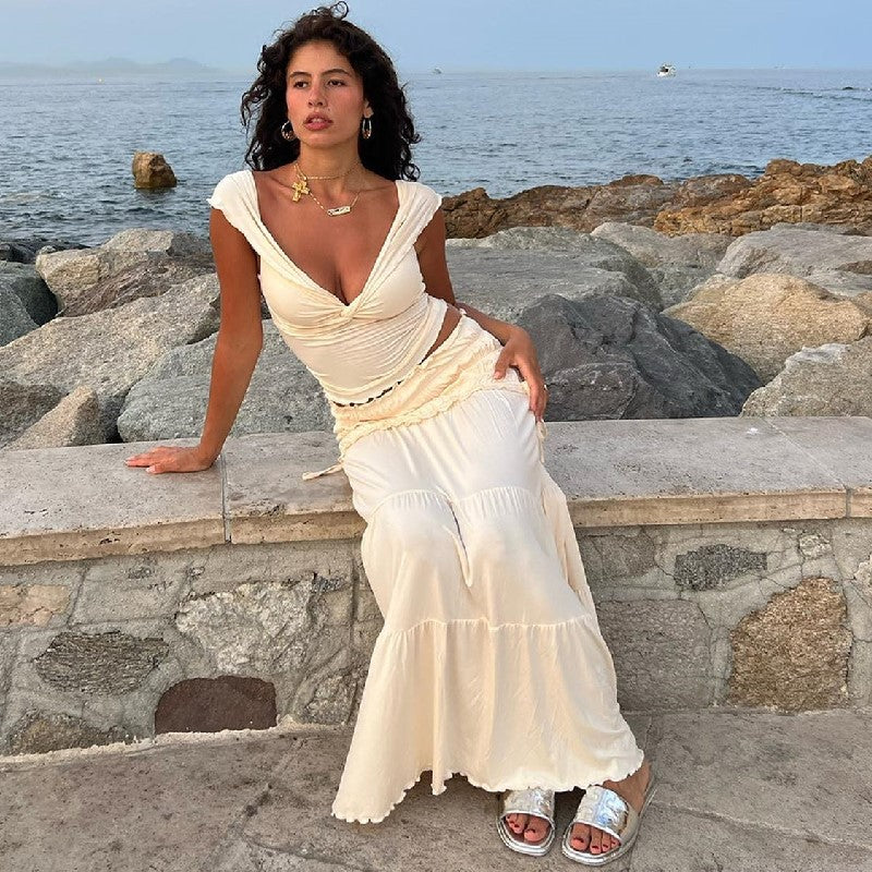 Women's Summer Cropped Low Cut Vest and Skirt Two-Piece Set