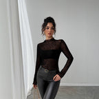 Women's Autumn Winter Wooden Ear Slim Fit Slimming Long Sleeves Mesh Base All Matching Top