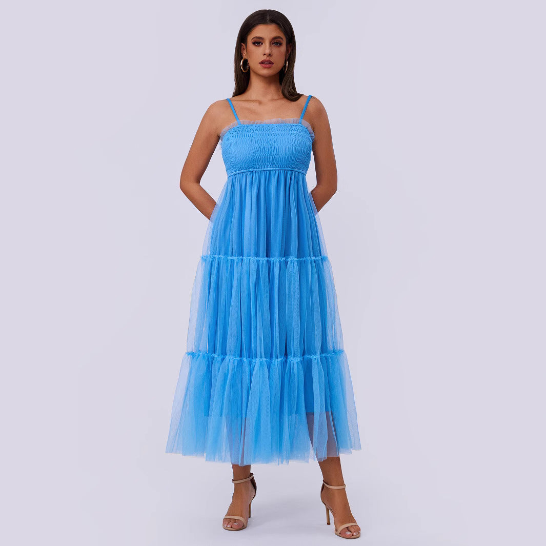 Mesh Spaghetti-Strap Ruffle Tiered A-Line Maxi Dress