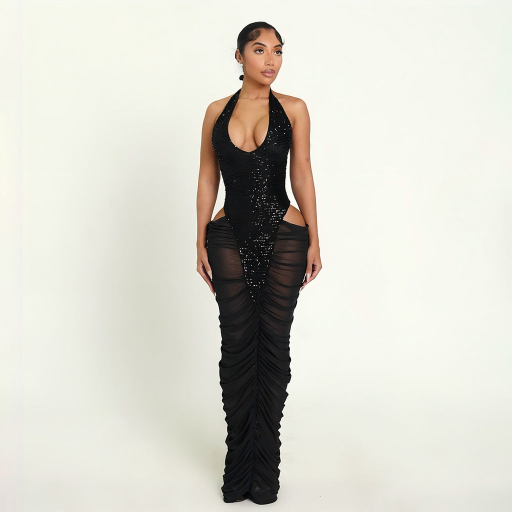 Women's Sequin Mesh Halter Cutout Bodycon Maxi Dress